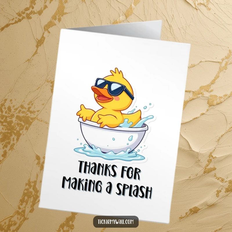 Funny Free Printable Thank You Card: A rubber duck in sunglasses dramatically splashing out of a tub.