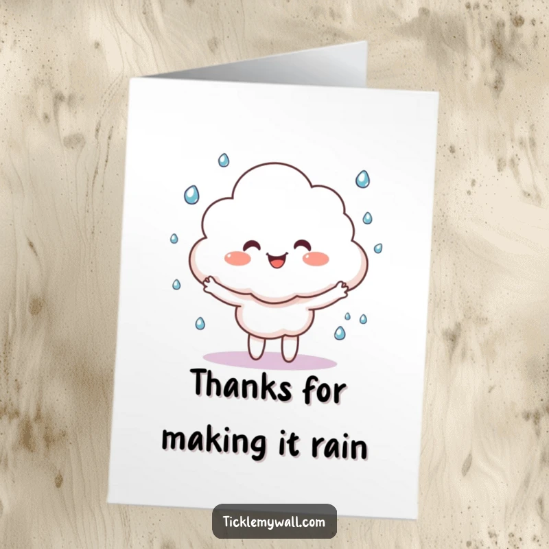 Funny free printable thank you card: a happy cloud character juggles raindrops. Cute and thoughtful DIY gift.