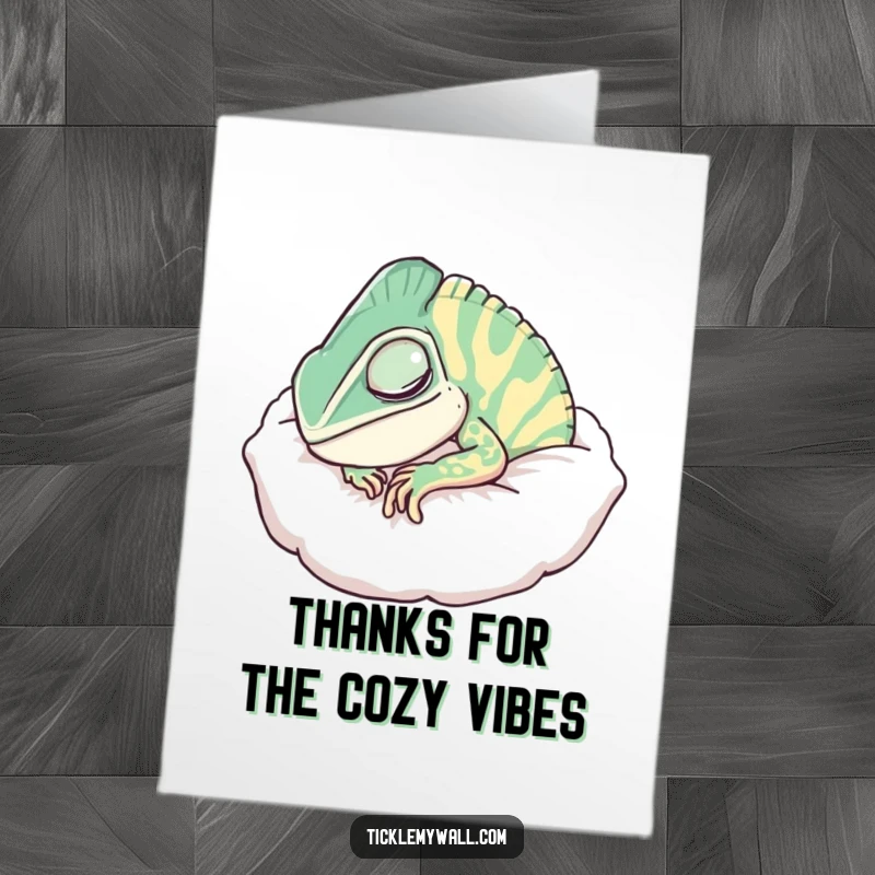 Funny Free Printable Thank You Card: A chameleon disguised as a pillow snores contentedly, saying thanks with sleepy humor.