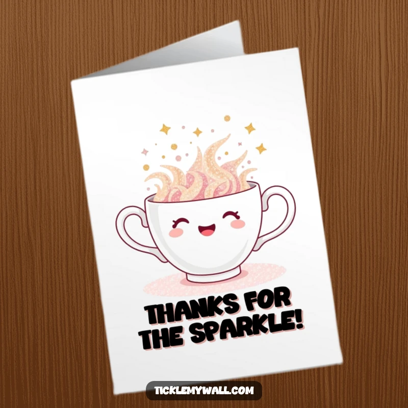Funny Free Printable Thank You Card: A teacup spills with joyful, sparkling glitter as a thank you.