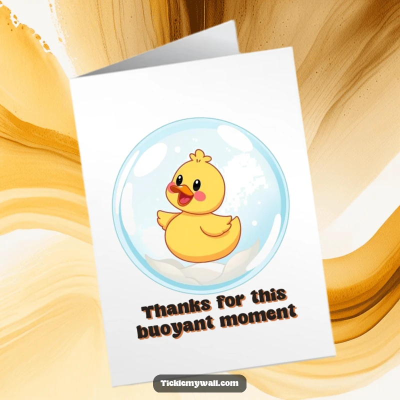 Funny Free Printable Thank You Card showing a gleeful rubber ducky blissfully riding a giant bubble, a whimsical thank you gesture.
