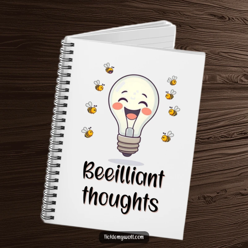 Funny laughing lightbulb juggling tiny buzzing bees on a notebook cover, inspiring witty and humorous thoughts.