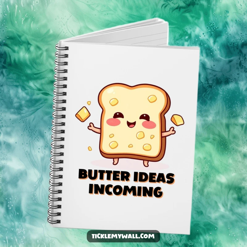 Funny notebook cover showing a blushing piece of toast excitedly juggling several pats of butter, ready for your notes.