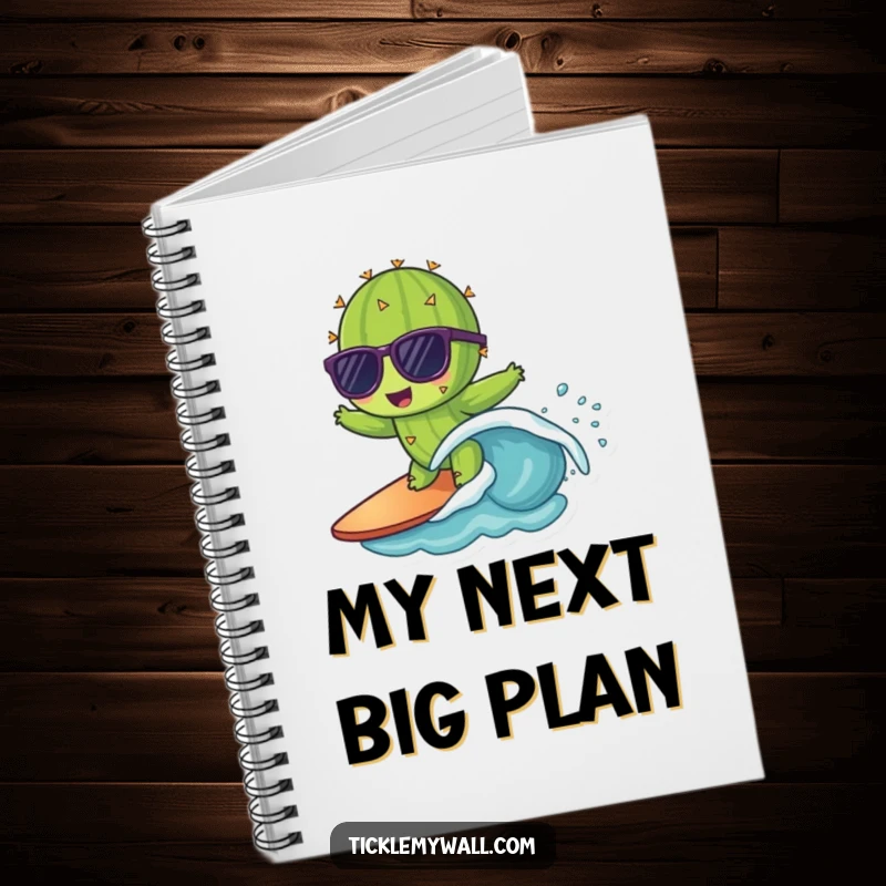 Funny notebook cover featuring a cactus with sunglasses surfing a small wave, perfect for cool and humorous note-taking.