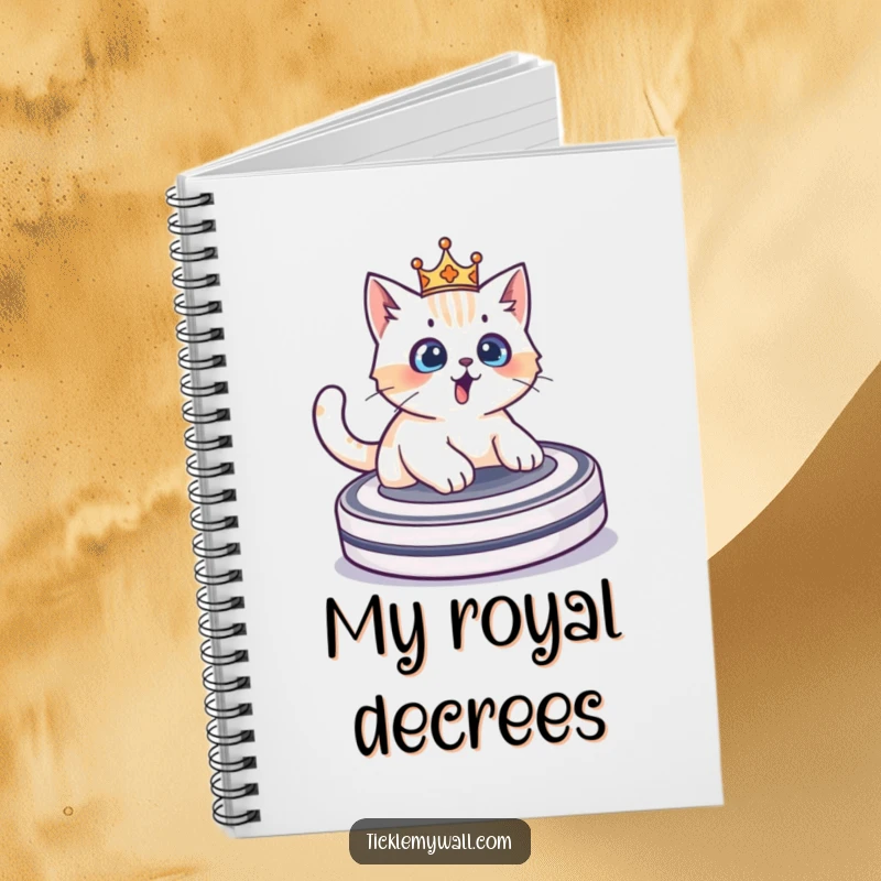 Funny surprised cat wearing a crown riding a Roomba, a humorous notebook for jotting down thoughts and ideas.