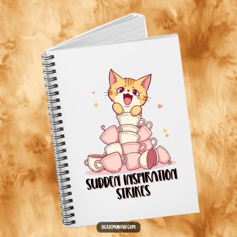 Funny notebook cover featuring a startled cat causing a teacup tower to fall, perfect for notes.