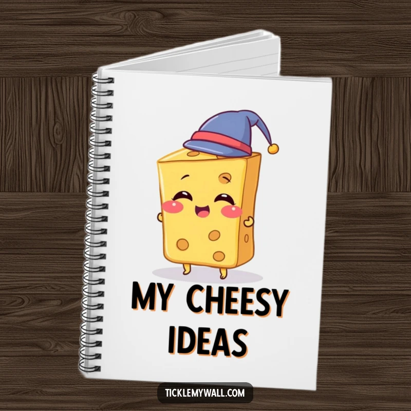 Funny Cheese Notebook with a giggling slice of cheese attempting to wear a tiny hat, perfect for jotting down humorous thoughts and plans.
