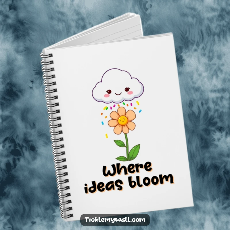 Funny notebook cover with a smiling cloud raining colorful sprinkles onto a joyful flower, ideal for jotting down happy thoughts.
