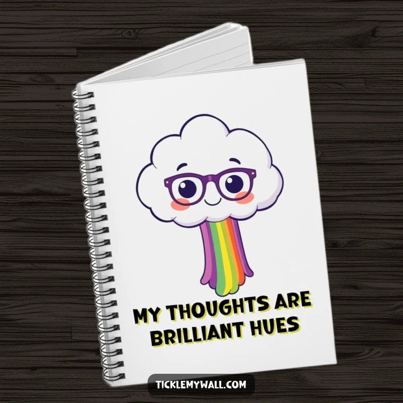 Funny, happy cloud character with spectacles, spilling a colorful rainbow, designed on the cover of a lined notebook.