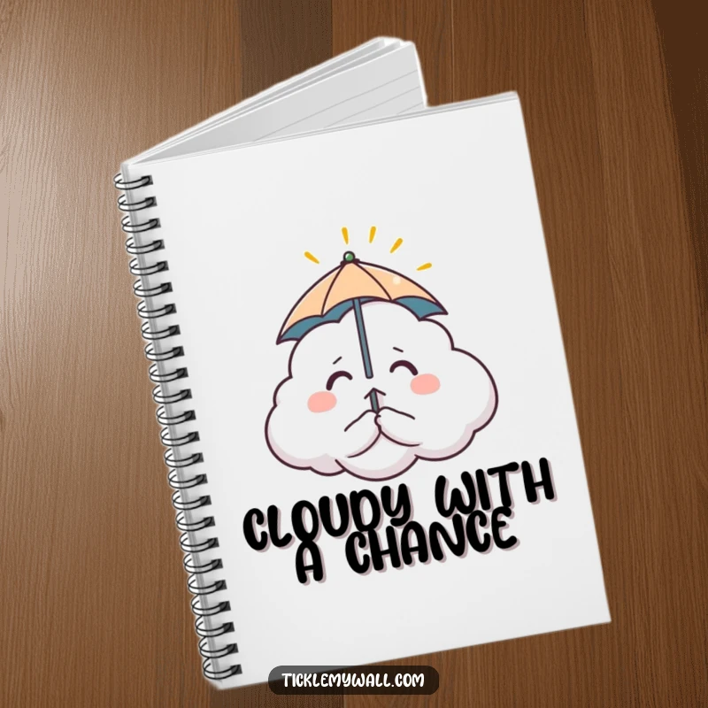 Funny notebook cover with a nervous cloud character holding a tiny umbrella, comically attempting to block a single sunbeam. For notes and laughs.