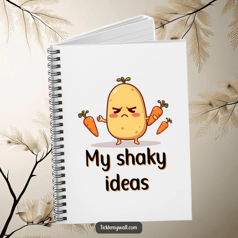 Funny Notebook: A nervous potato character precariously juggling tiny carrots, perfect for jotting down notes.