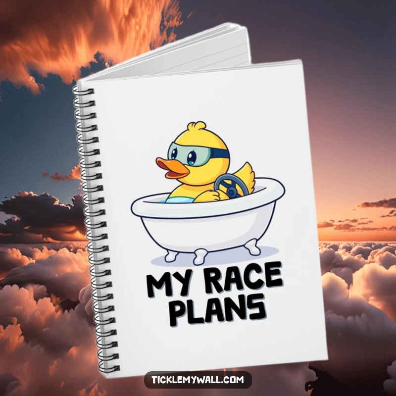 Funny notebook with a rubber duck aggressively steering a bathtub like a race car, perfect for speedy thinkers.