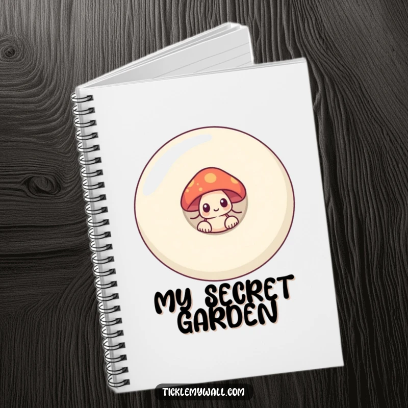 Funny shy mushroom peeking from behind a giant smiling button on a notebook cover, inspiring quiet creativity.