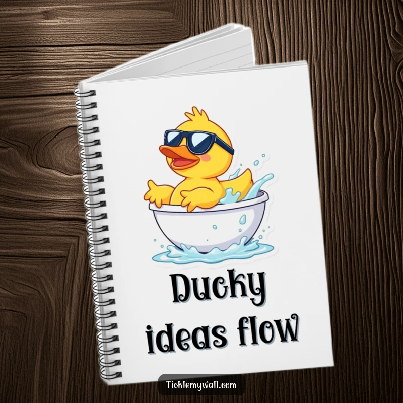 Funny rubber duck wearing sunglasses, launching from a bathtub splash, a humorous notebook for everyday use.