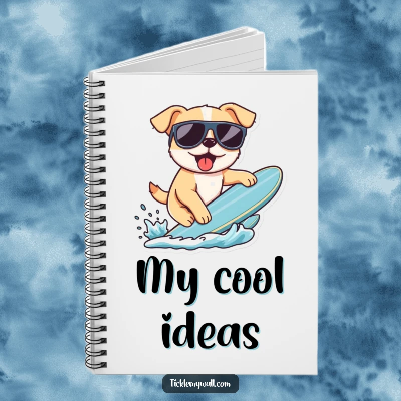 Funny notebook cover with a dog wearing sunglasses, attempting to surf. Ideal for writing, sketching, or taking notes with a humorous beach theme.