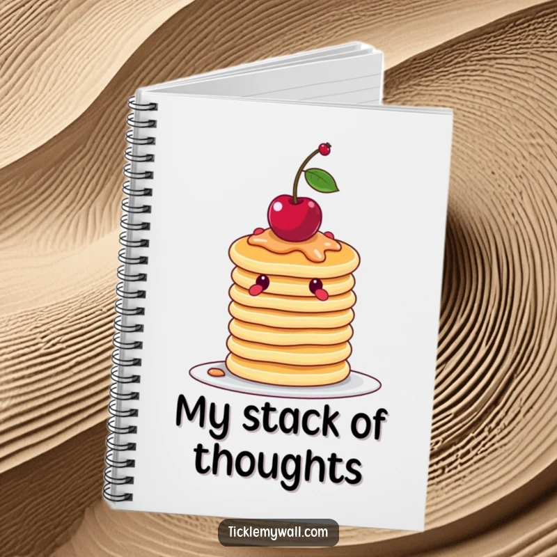 Funny wobbly stack of pancakes attempting to balance a cherry, on the cover of a humorous notebook for writing.