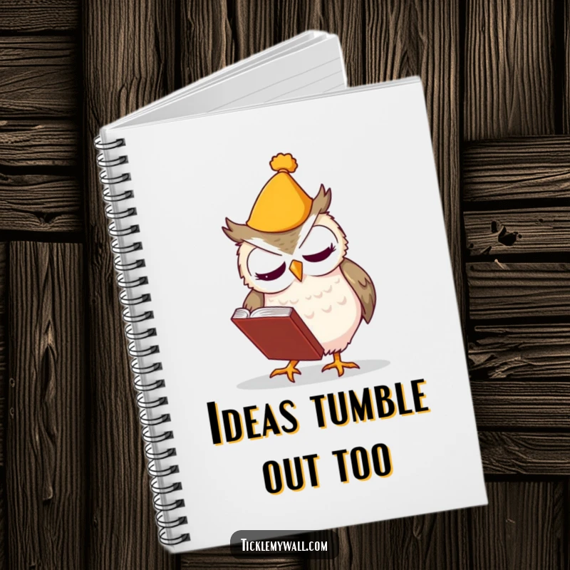 Funny notebook cover featuring a clumsy owl wearing a hat, accidentally dropping a book, perfect for notes.