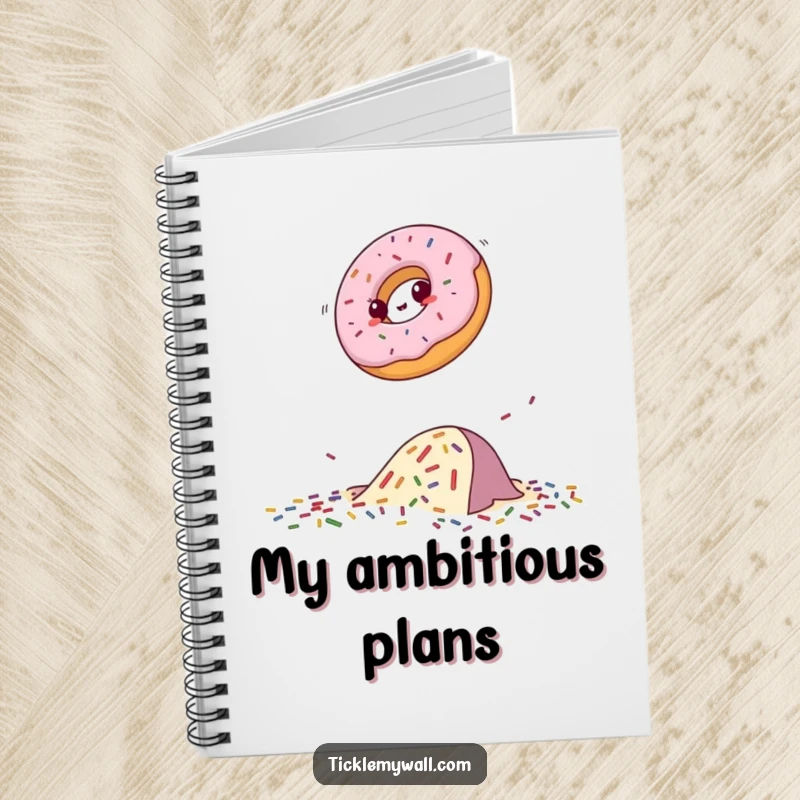 Funny donut notebook illustrating a determined donut conquering a sprinkle obstacle, ideal for planning and note-taking.