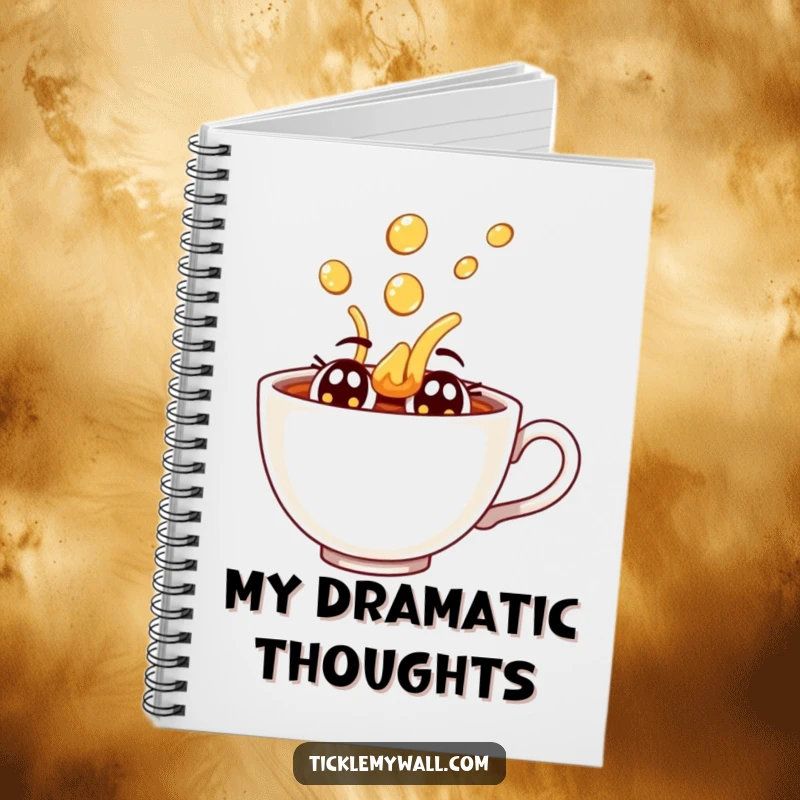 Funny joyful teacup with eyes spilling tea dramatically on a spiral-bound notebook.