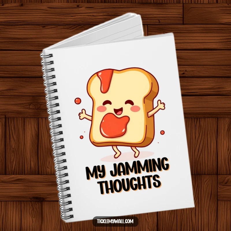 Funny dancing slice of toast with jam splattering playfully, on the cover of a humorous notebook for writing.