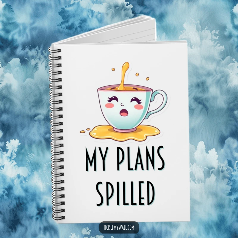 Funny Teacup Notebook with a cheerful teacup character comically spilling its tea, designed for jotting down funny thoughts and ideas.