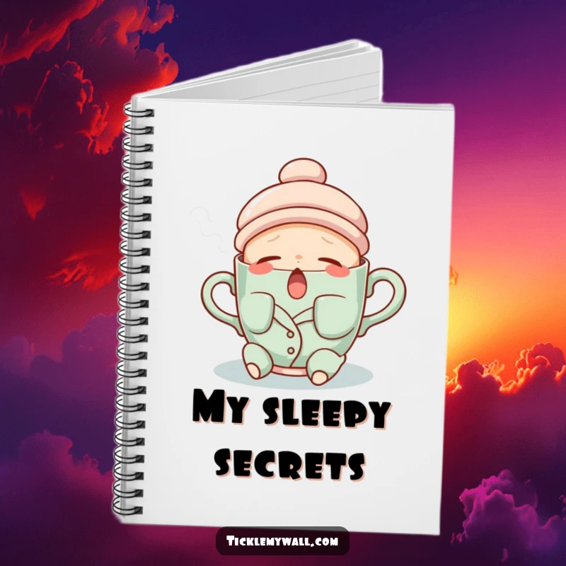 Funny notebook with a sleepy teacup character in pajamas, yawning steam, perfect for journaling cozy thoughts.