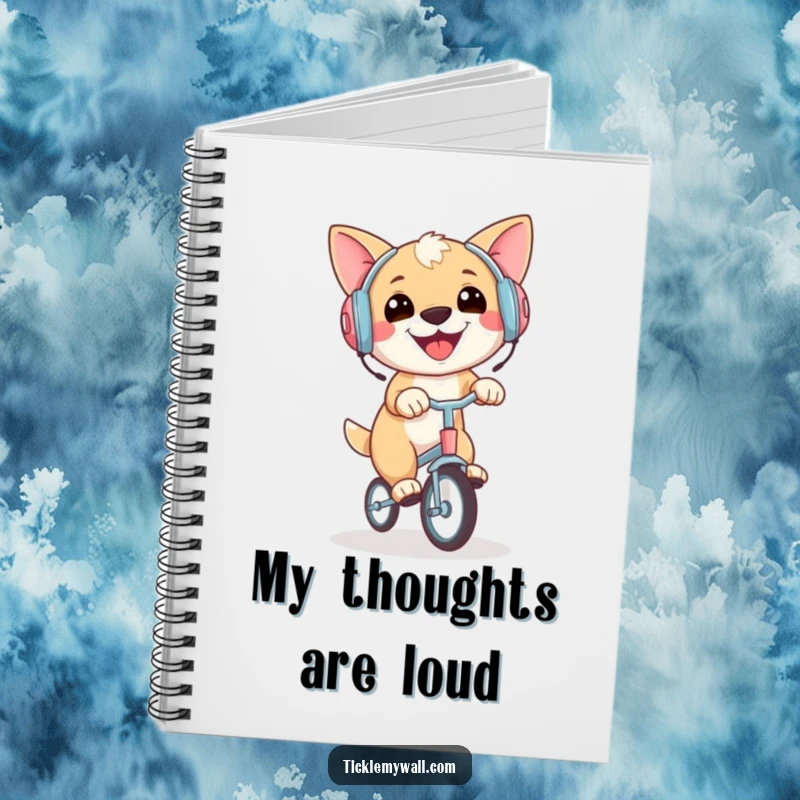 Funny notebook cover with a happy dog wearing earmuffs, balancing on a small unicycle, perfect for capturing funny thoughts.