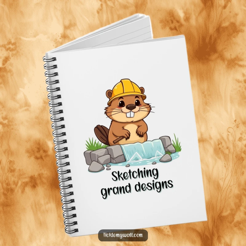 Funny notebook cover featuring a goofy beaver in a hard hat building a wonky dam, perfect for notes.