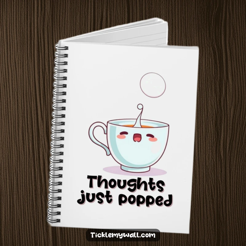 Funny startled teacup spilling a single, large bubble, on the cover of a humorous notebook for writing.