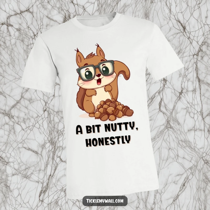 Funny t-shirt with a surprised squirrel wearing oversized glasses dropping a pile of acorns, great for humor lovers.