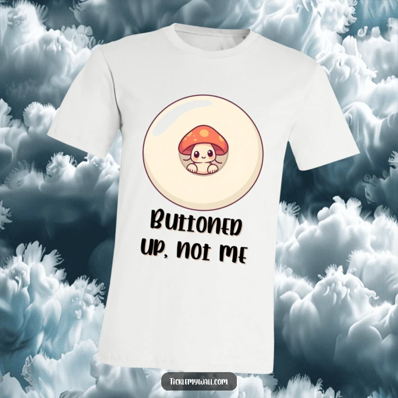 Funny shy mushroom peeking from behind a large smiling button on a t-shirt, a humorous and charming design.
