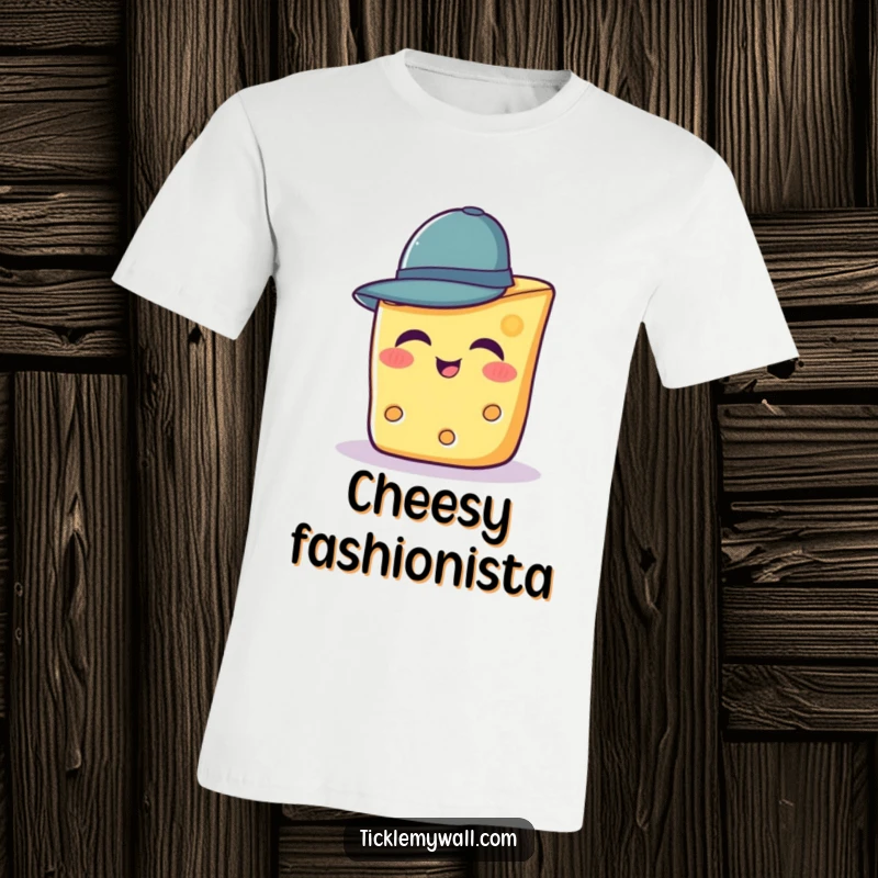 Funny t-shirt featuring a cheerful slice of cheese trying to put on a miniature hat.
