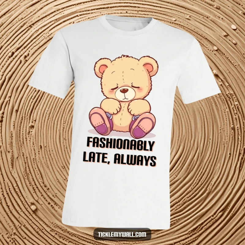 Funny t-shirt with a sleepy teddy bear accidentally wearing shoes on its paws, a universally relatable, humorous depiction of morning fog.