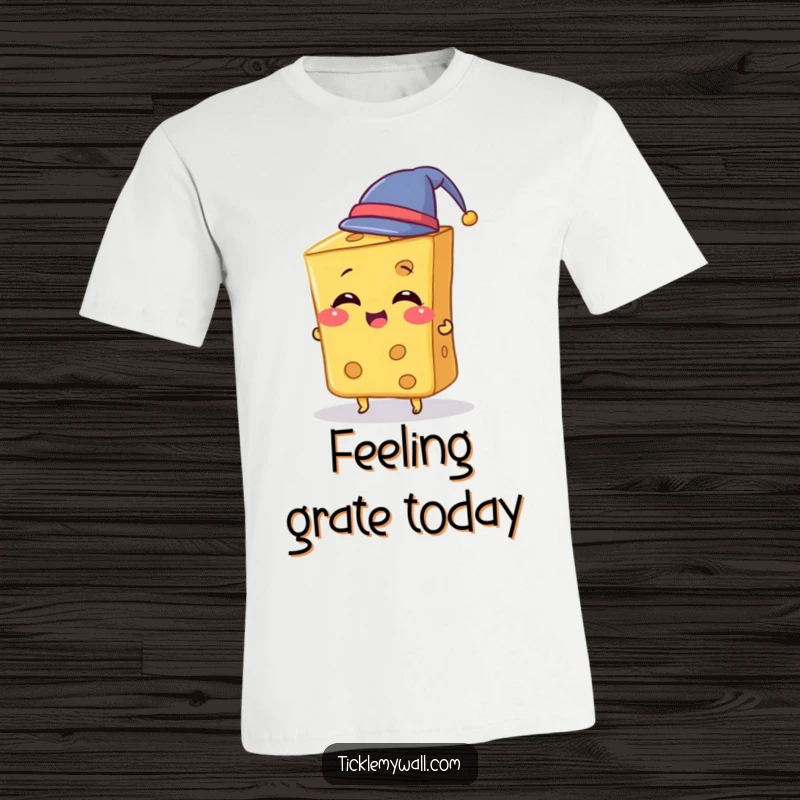 Funny Cheese T-Shirt depicting a giggling slice of cheese amusingly trying to put on a miniature hat, showcasing playful fashion.