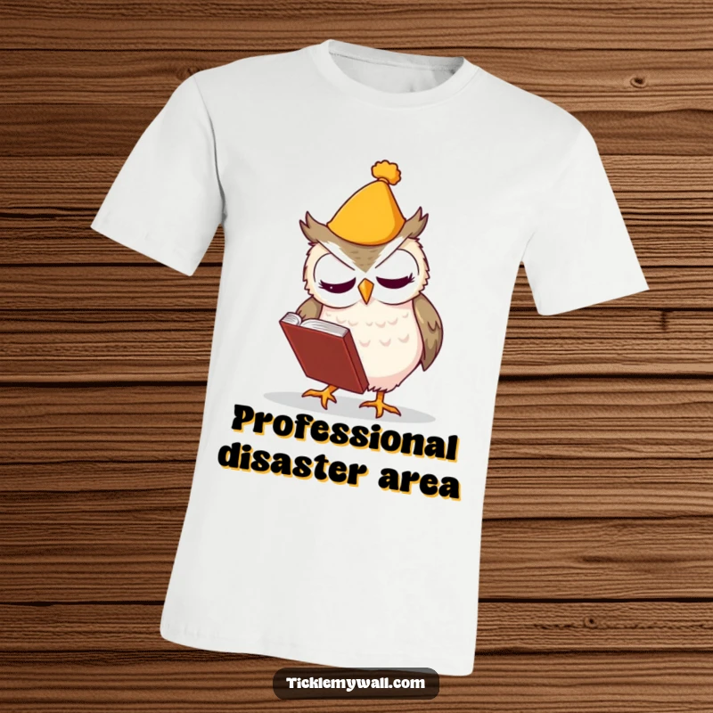 Funny T-shirt graphic of a clumsy owl wearing a small hat, dropping a book, expressing mild panic and humor.