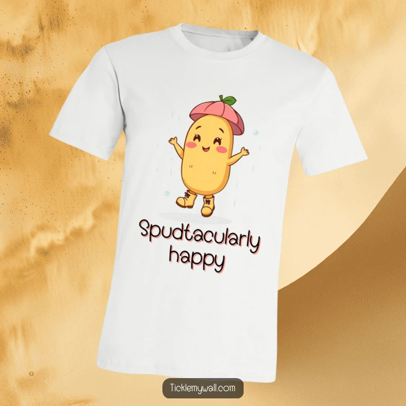 Funny Dancing Potato Boots Rain T-Shirt: A happy potato in boots dances joyfully in the rain, a funny shirt.