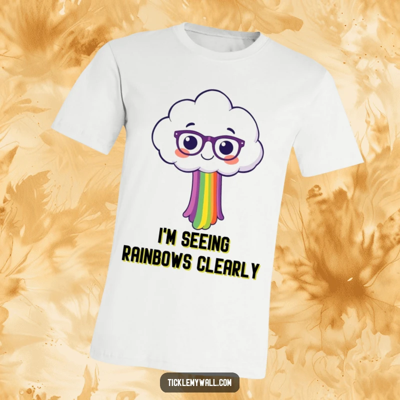 Funny happy cloud character with glasses, actively spilling a bright, colorful rainbow, printed on a soft, comfortable t-shirt.