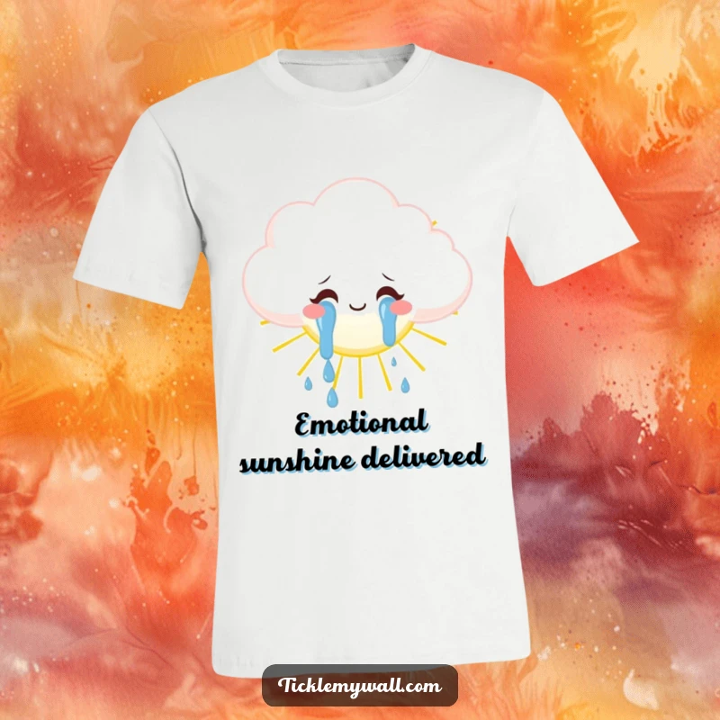 Funny fluffy cloud weeping tears of joy onto a sun, whimsical weather t-shirt, happy apparel gift.