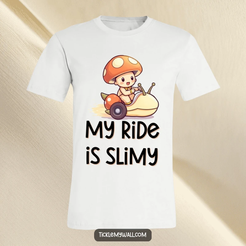 Funny Mushroom Snail T-Shirt, a small mushroom speeding on a snail resembling a race car, showcasing funny adventure.