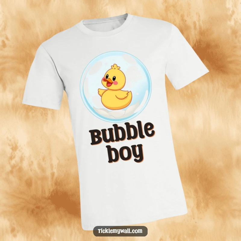 Funny t-shirt featuring a gleeful rubber ducky riding a large, translucent bubble.