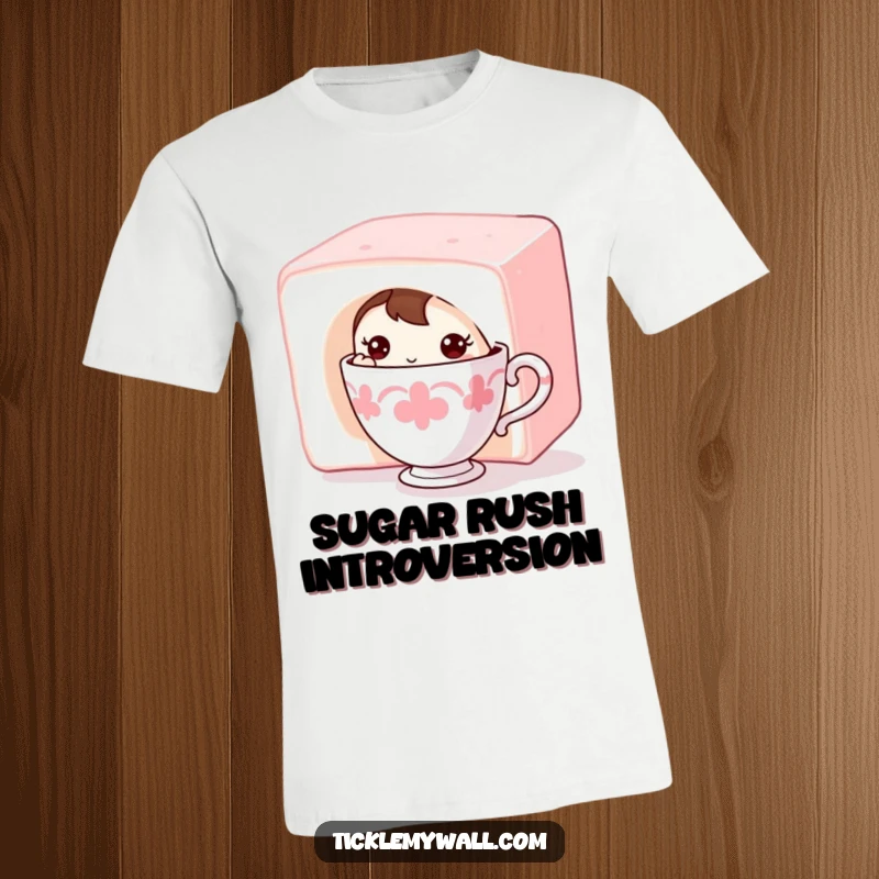 Funny Shy Teacup T-Shirt: A bashful teacup character hiding behind a giant sugar cube, symbolizing sweet introversion.