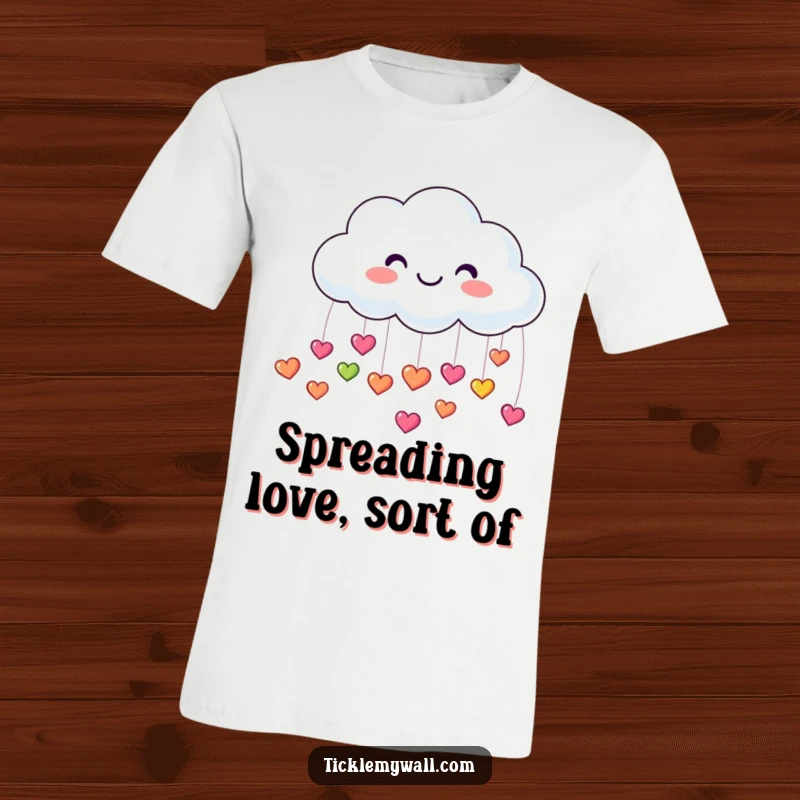 Funny t-shirt featuring a happy cloud raining down small, colorful, bouncing hearts, symbolizing love and happiness for the wearer.