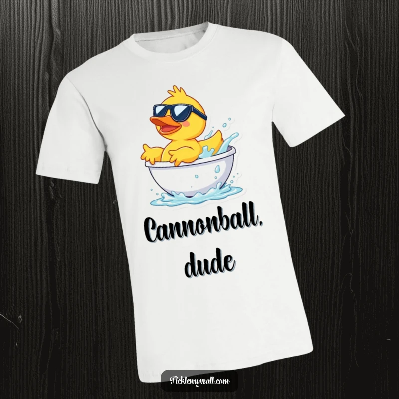 Funny rubber duck wearing sunglasses making a dramatic splash jump from a bathtub, a cool and humorous t-shirt.