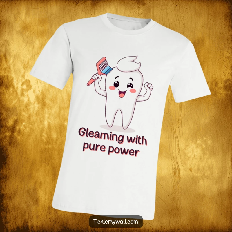 Funny toothbrush flexing strong cartoon muscles after brushing a giant tooth, celebrating dental victory on a comfortable t-shirt.