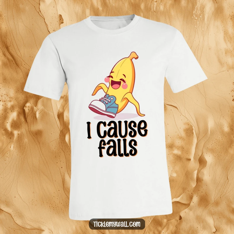 Funny banana peel t-shirt, tripping a surprised shoe, slapstick humor, perfect funny gift.