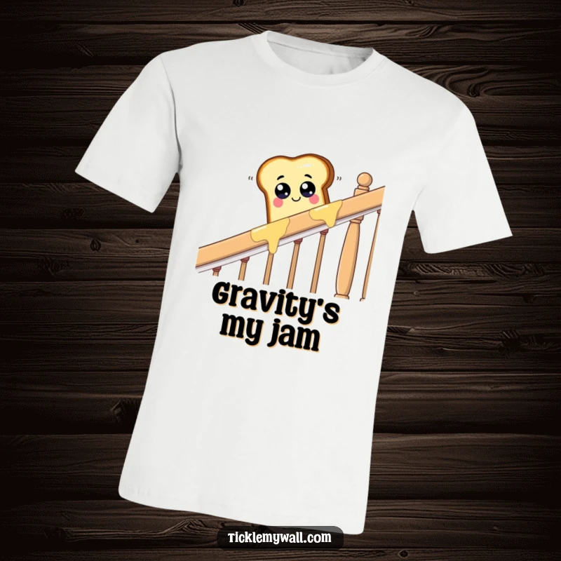 Funny piece of toast with googly eyes sliding down a buttered banister, a humorous and quirky t-shirt.