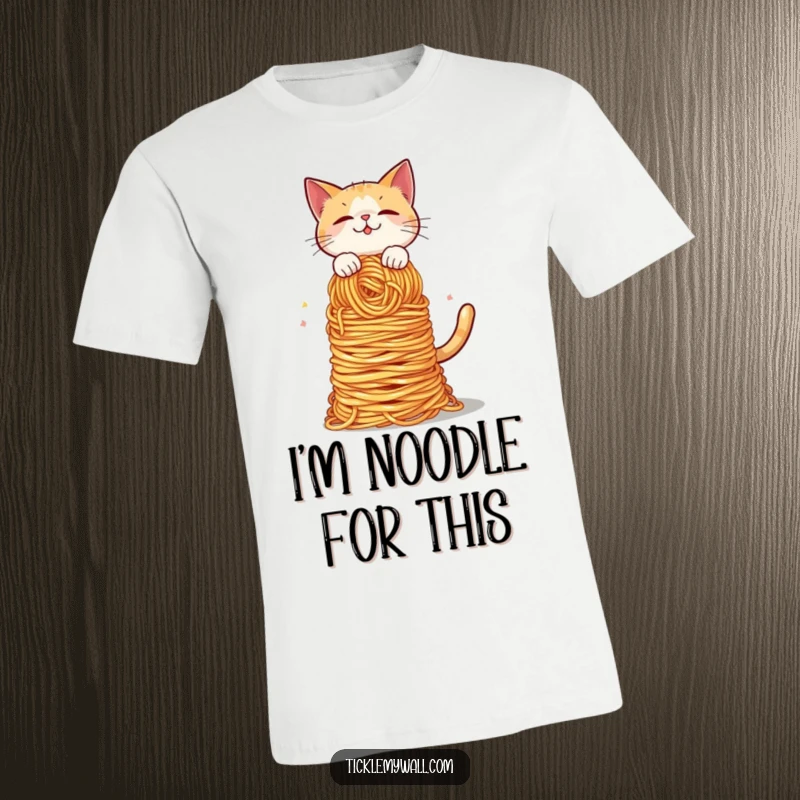 Funny Cat Spaghetti Balance T-Shirt: A stressed cat balances a towering pile of spaghetti noodles with intense concentration. A hilarious gift.