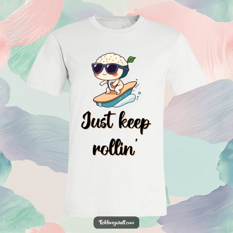Funny Sushi Wave Sunglasses T-Shirt: Sushi wearing sunglasses surfs a wave, a funny and cool gift.