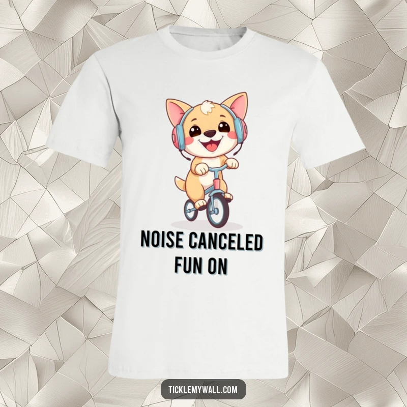 Funny t-shirt with a happy dog sporting earmuffs, skillfully riding a miniature unicycle, perfect for humor enthusiasts.