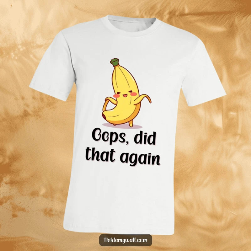 Funny Banana Peel Slip T-Shirt: A blushing banana peel character mid-fall, slipping dramatically on itself with a comical expression.